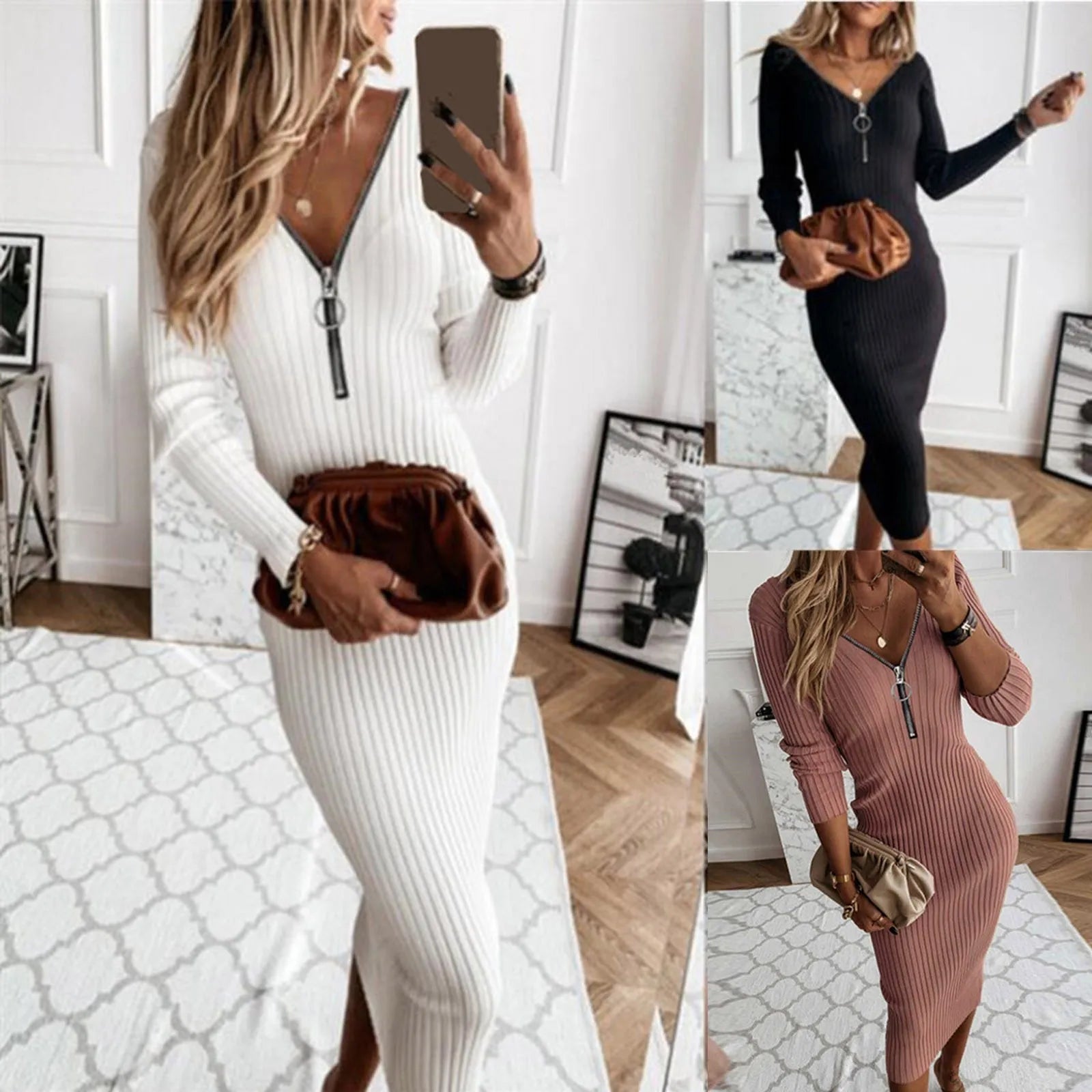 Winter Women Knit Maxi Dress Half Zipper Autumn Long Sleeve Slim Solid Harajuku Party Robe Ladies Fashion Pencil Sweater Dresses