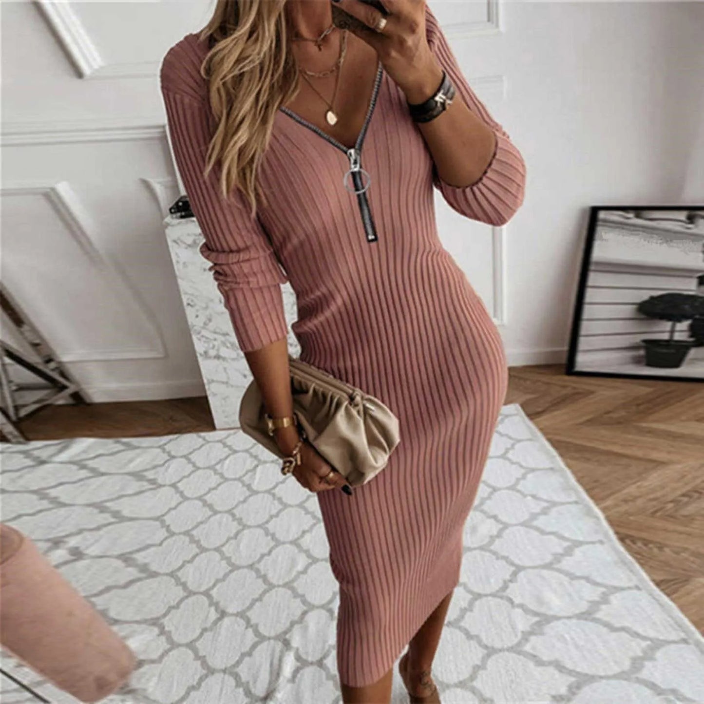 Winter Women Knit Maxi Dress Half Zipper Autumn Long Sleeve Slim Solid Harajuku Party Robe Ladies Fashion Pencil Sweater Dresses