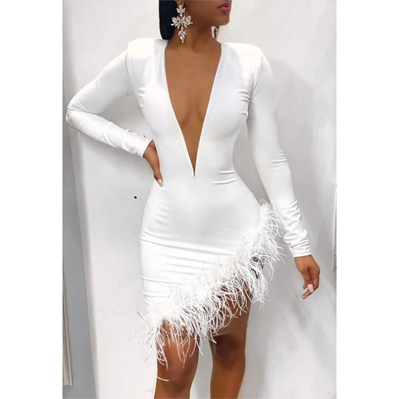 Women Winter Mini Dress 2021 O-Neck Mesh Feather Patchwork Sexy Night Club Party Bandage Street Bodycon Dresses