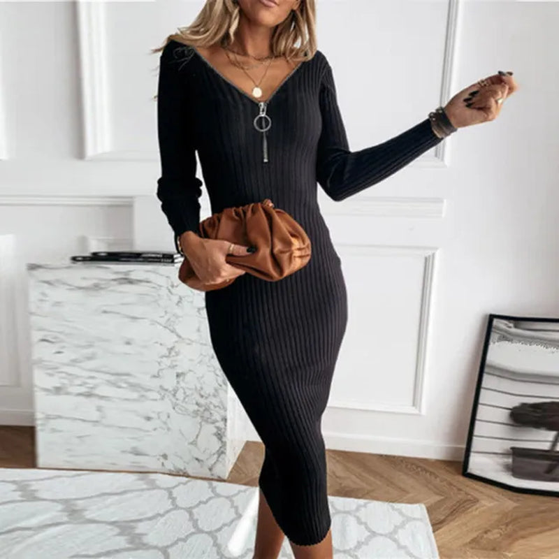 Winter Women Knit Maxi Dress Half Zipper Autumn Long Sleeve Slim Solid Harajuku Party Robe Ladies Fashion Pencil Sweater Dresses