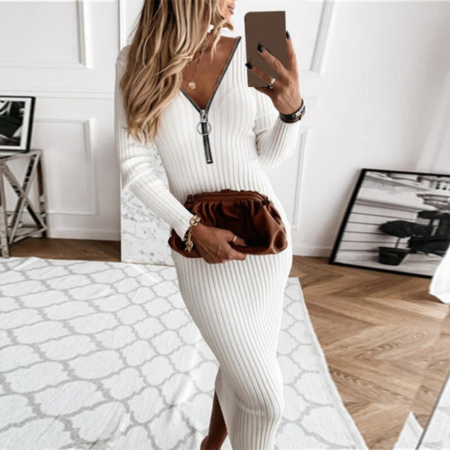 Winter Women Knit Maxi Dress Half Zipper Autumn Long Sleeve Slim Solid Harajuku Party Robe Ladies Fashion Pencil Sweater Dresses
