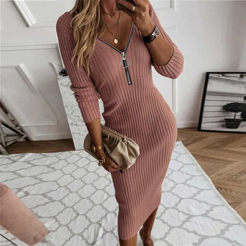 Winter Women Knit Maxi Dress Half Zipper Autumn Long Sleeve Slim Solid Harajuku Party Robe Ladies Fashion Pencil Sweater Dresses