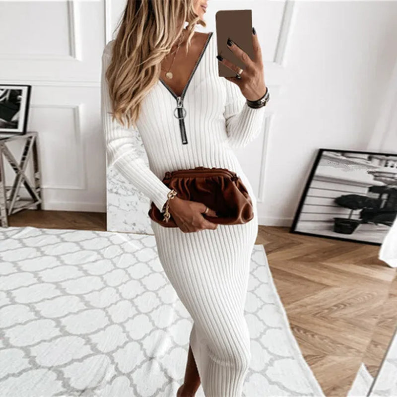 Winter Women Knit Maxi Dress Half Zipper Autumn Long Sleeve Slim Solid Harajuku Party Robe Ladies Fashion Pencil Sweater Dresses