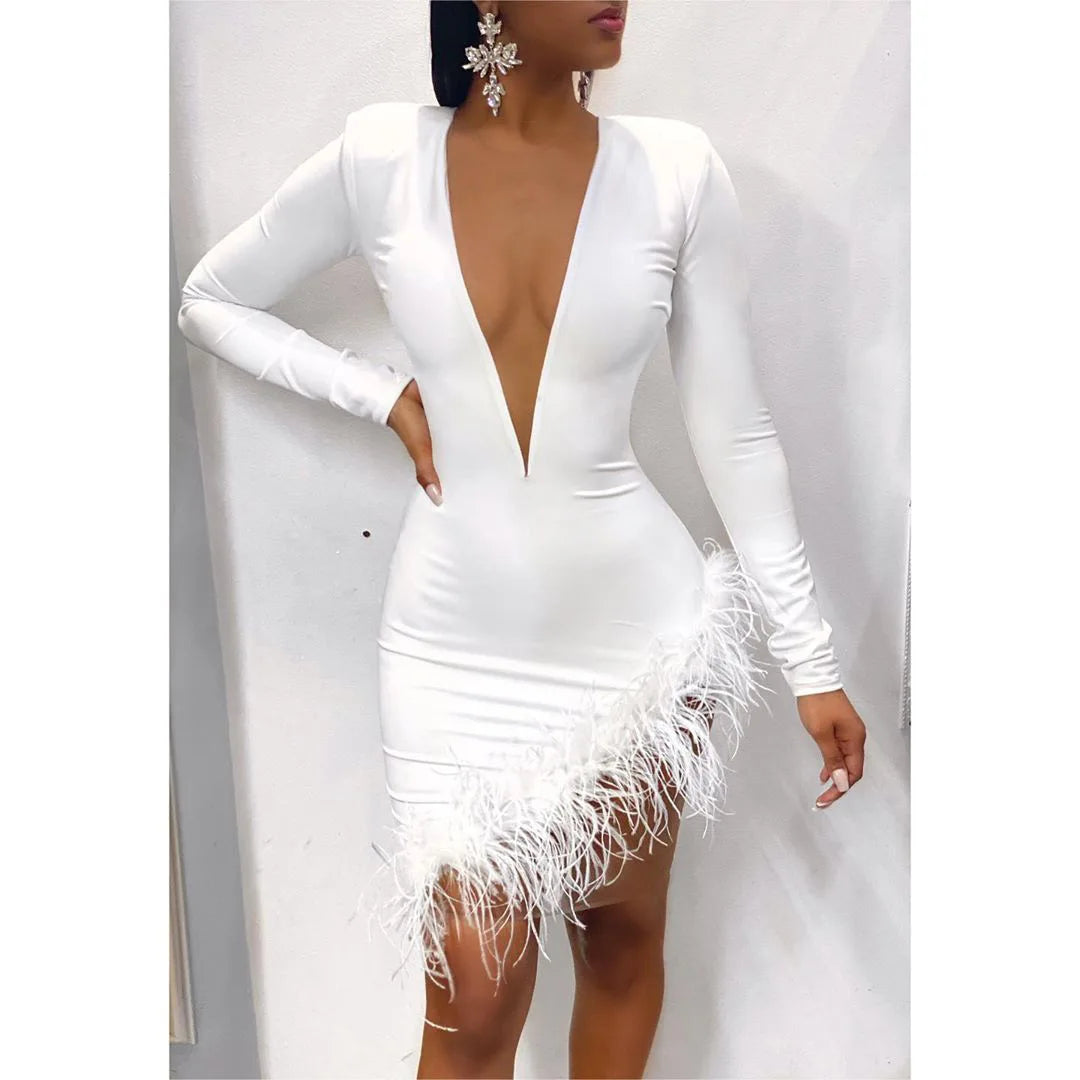 Women Winter Mini Dress 2021 O-Neck Mesh Feather Patchwork Sexy Night Club Party Bandage Street Bodycon Dresses